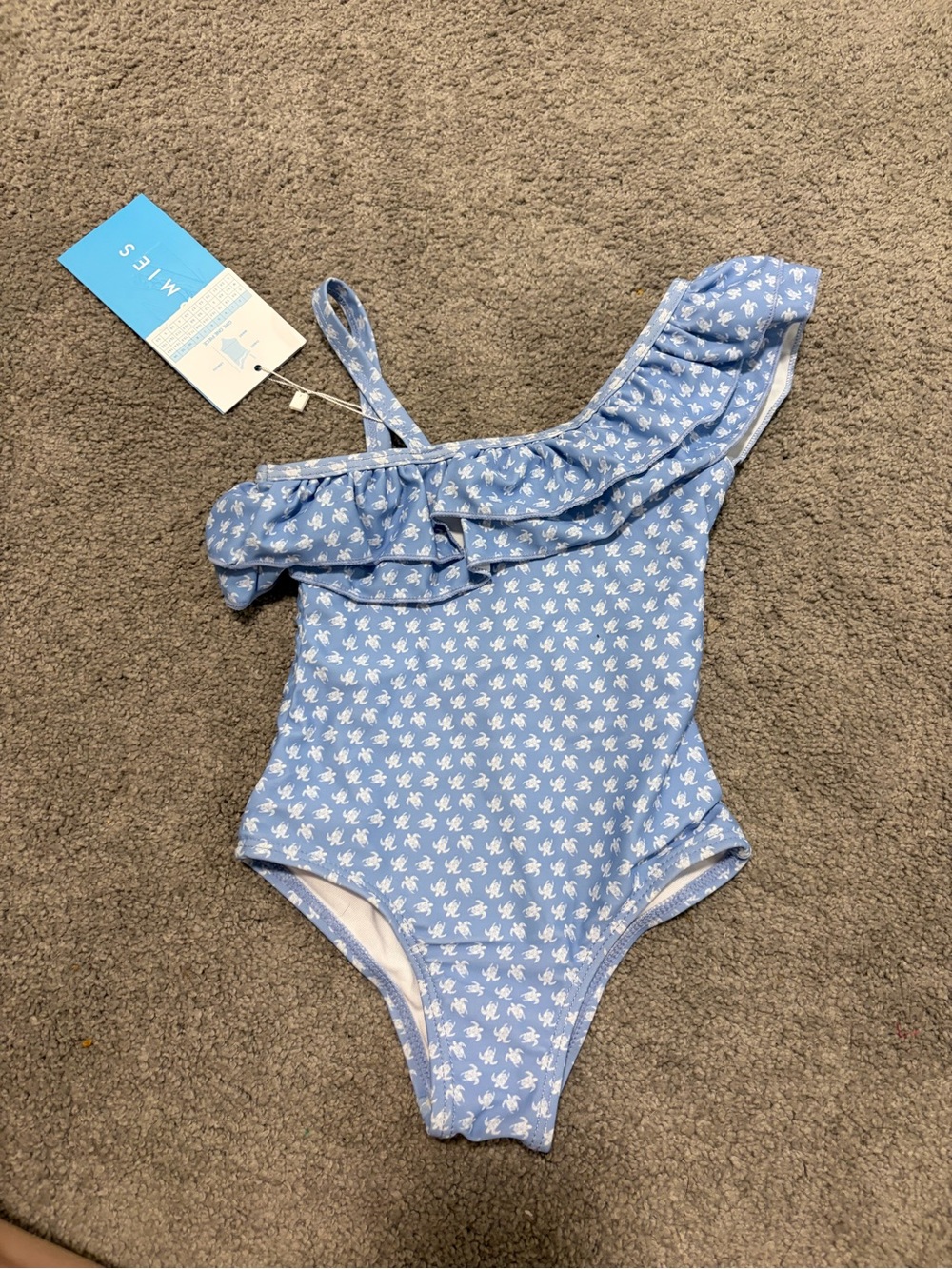 Girls One-Shoulder Blue Ruffle Swim One-Piece - Mini turtle Print